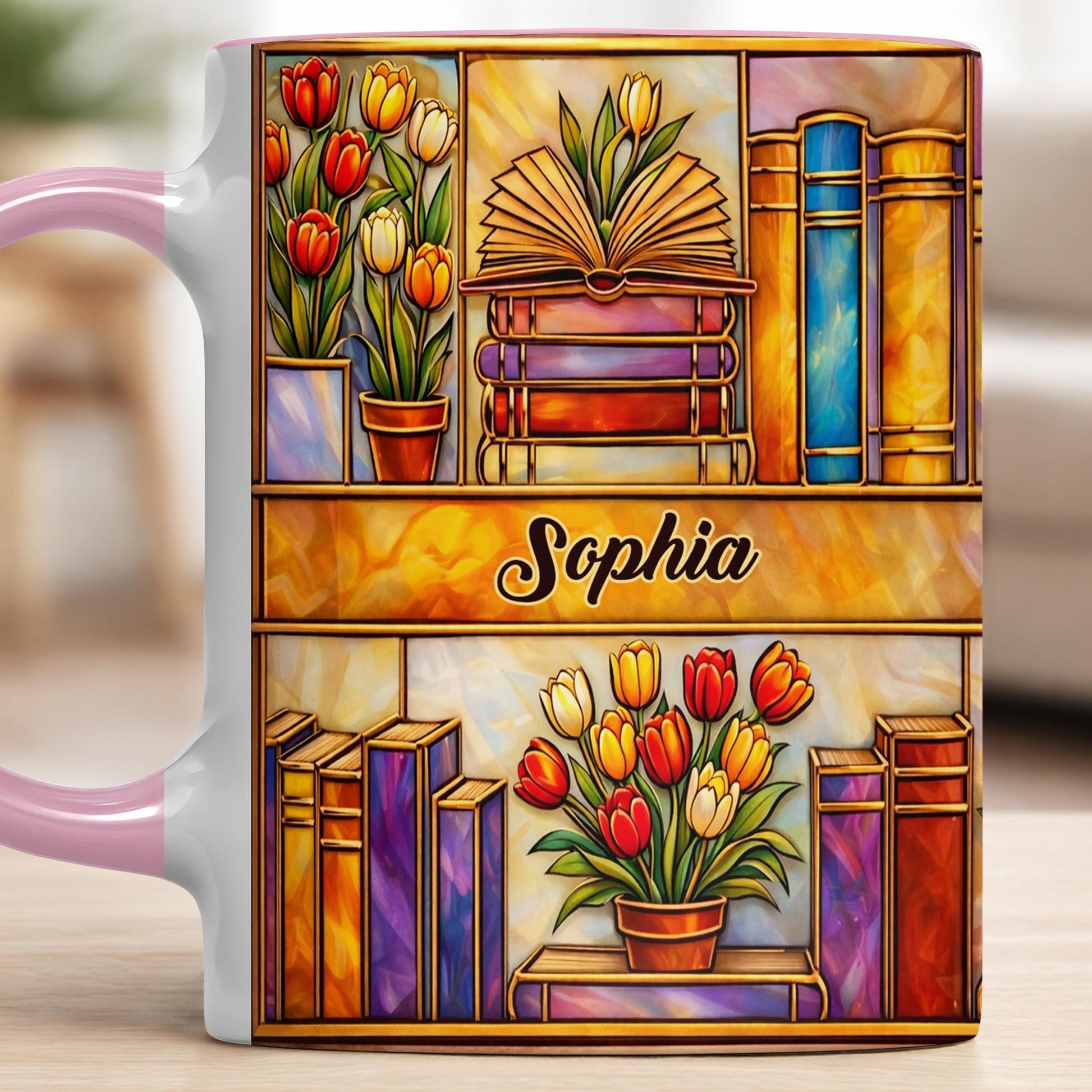 Stained Glass Style Library With Tulips And Books For Readers