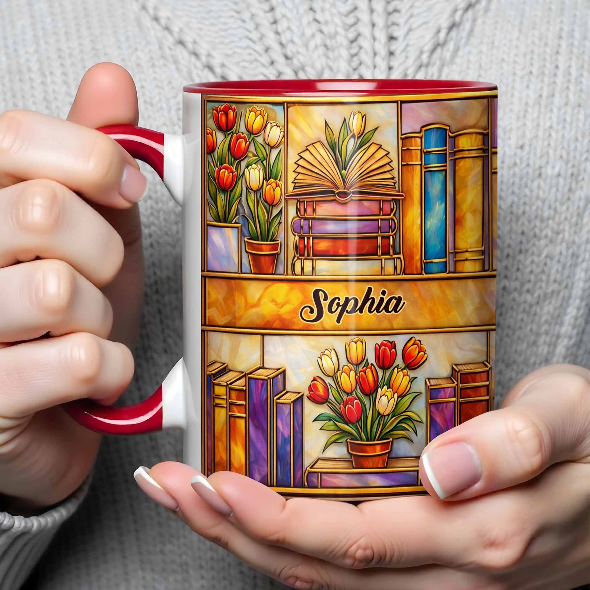 Stained Glass Style Library With Tulips And Books For Readers