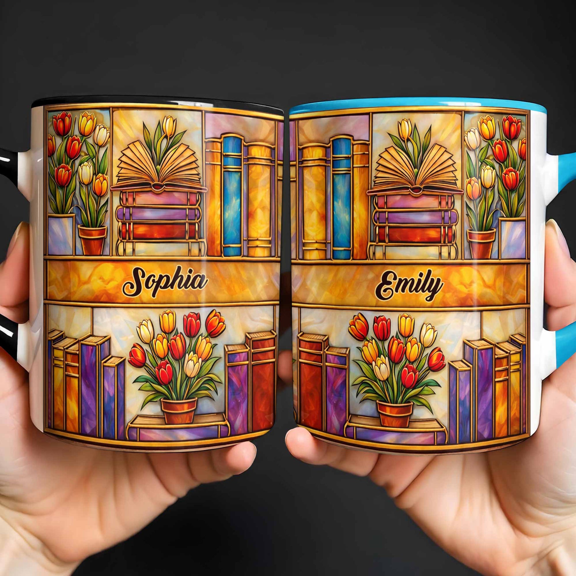 Stained Glass Style Library With Tulips And Books For Readers