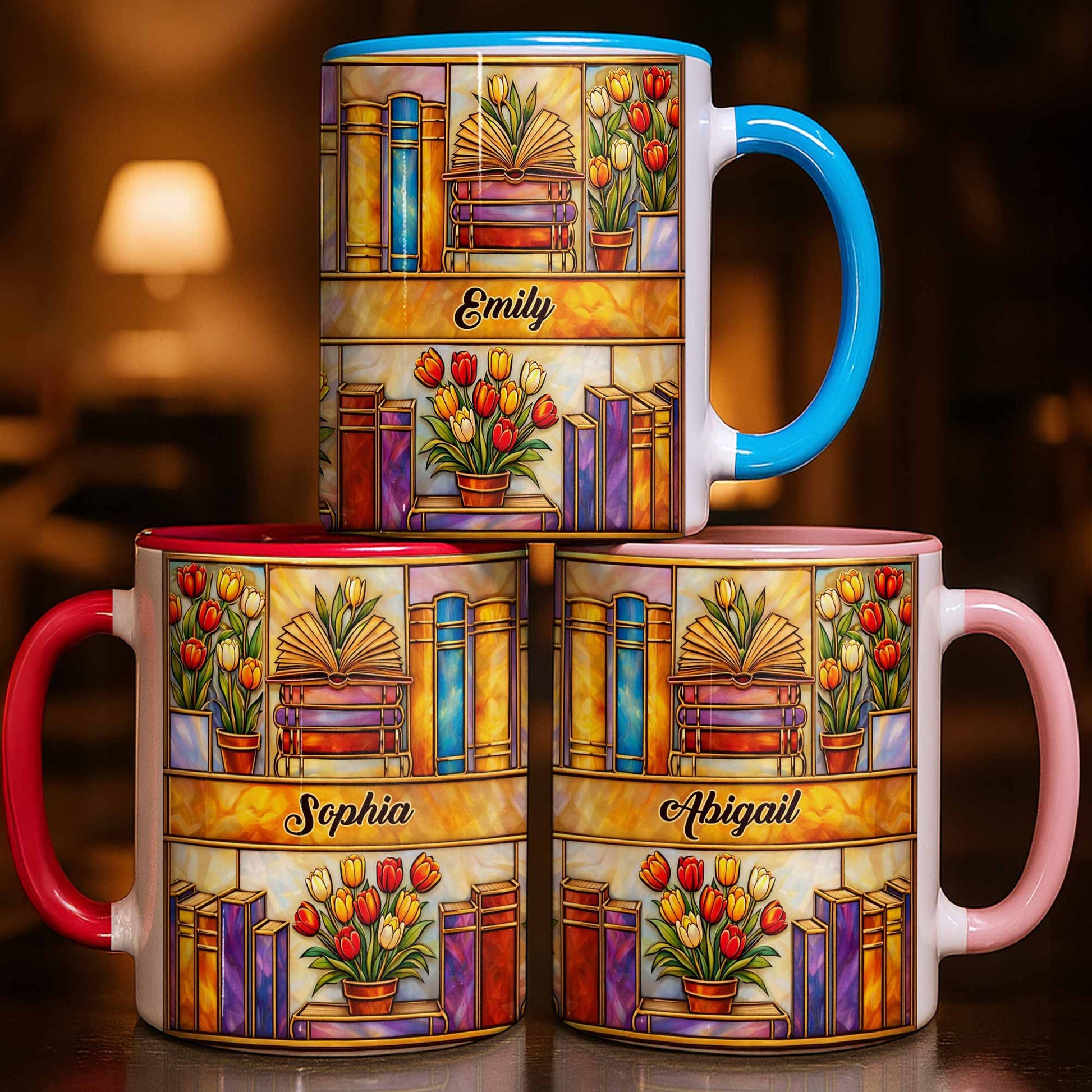 Stained Glass Style Library With Tulips And Books For Readers