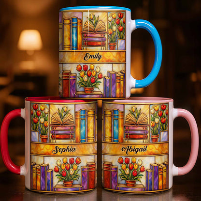Stained Glass Style Library With Tulips And Books For Readers