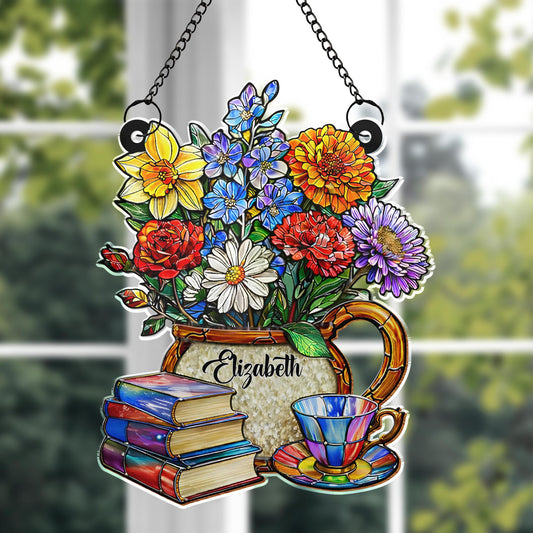 A Beautiful Bouquet Of Flowers With Books And Tea Personalized Suncatcher