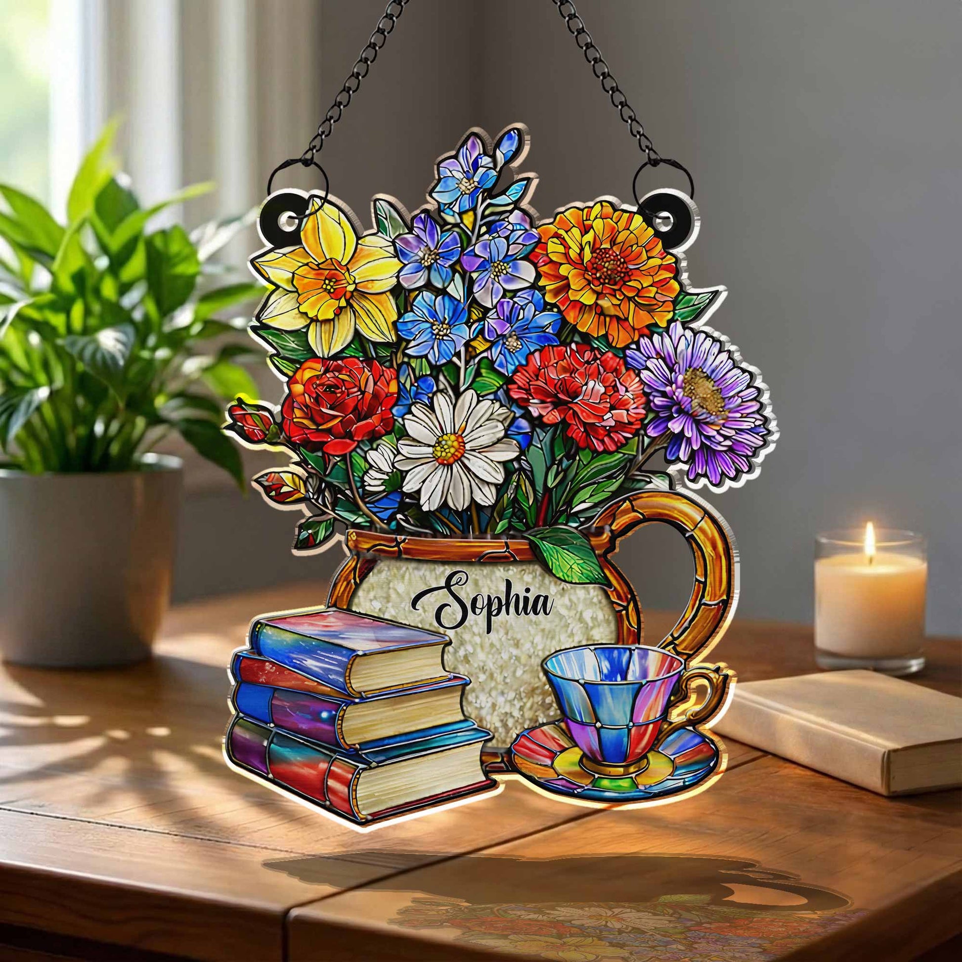 A Beautiful Bouquet Of Flowers With Books And Tea Personalized Suncatcher