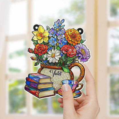 A Beautiful Bouquet Of Flowers With Books And Tea Personalized Suncatcher