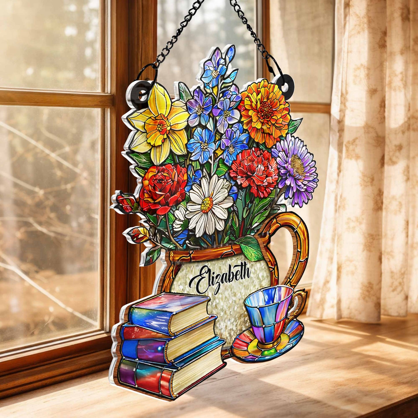 A Beautiful Bouquet Of Flowers With Books And Tea Personalized Suncatcher