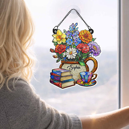 A Beautiful Bouquet Of Flowers With Books And Tea Personalized Suncatcher