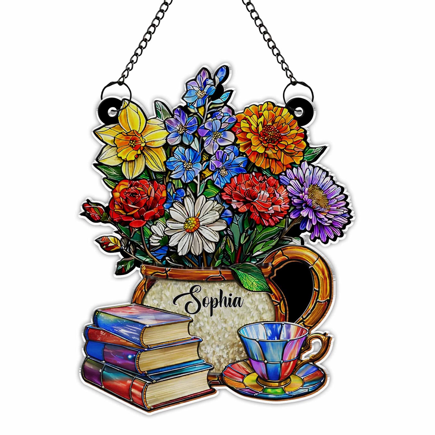 A Beautiful Bouquet Of Flowers With Books And Tea Personalized Suncatcher
