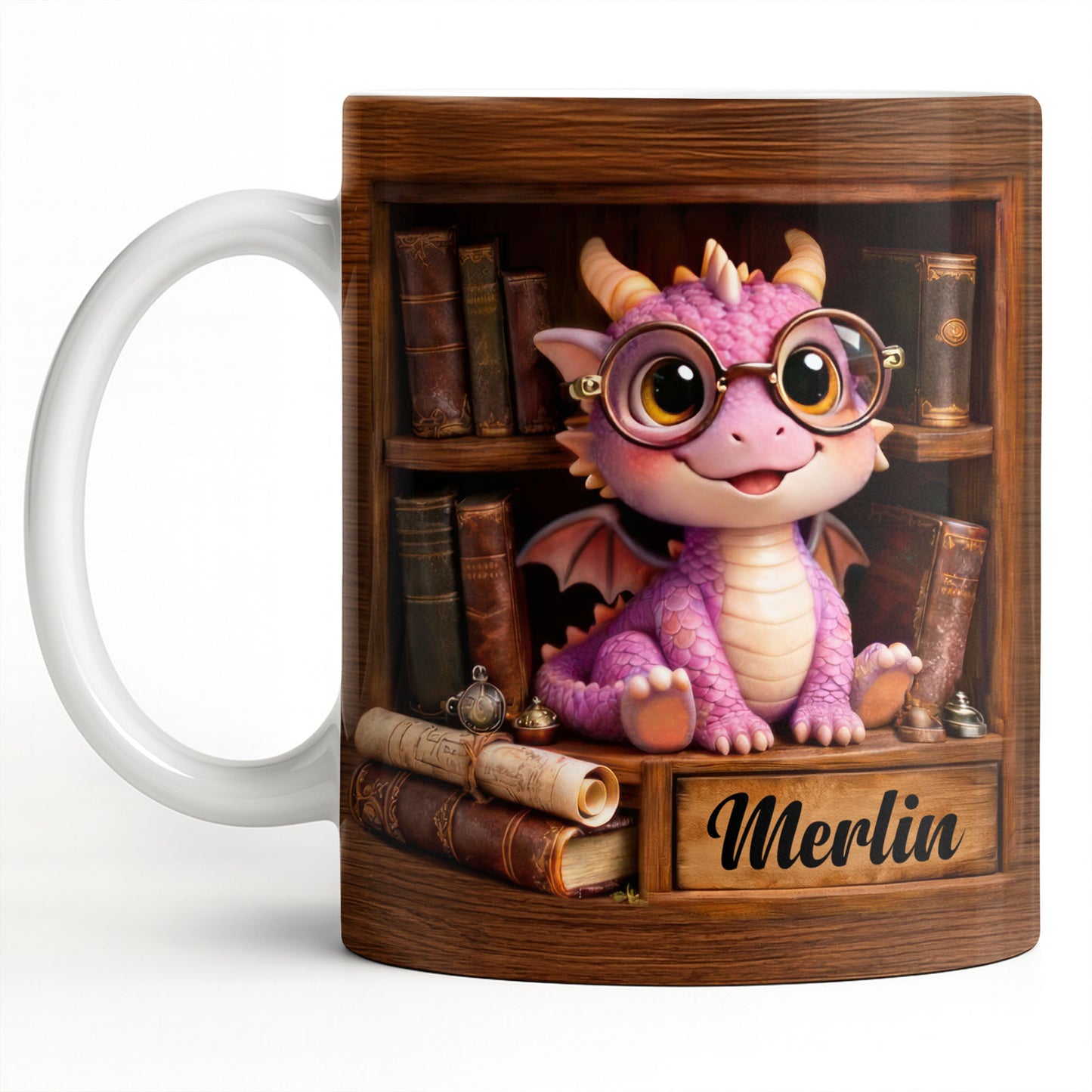 Cute Baby Dragon With Glasses, Books And Scrolls Wooden Bookshelf