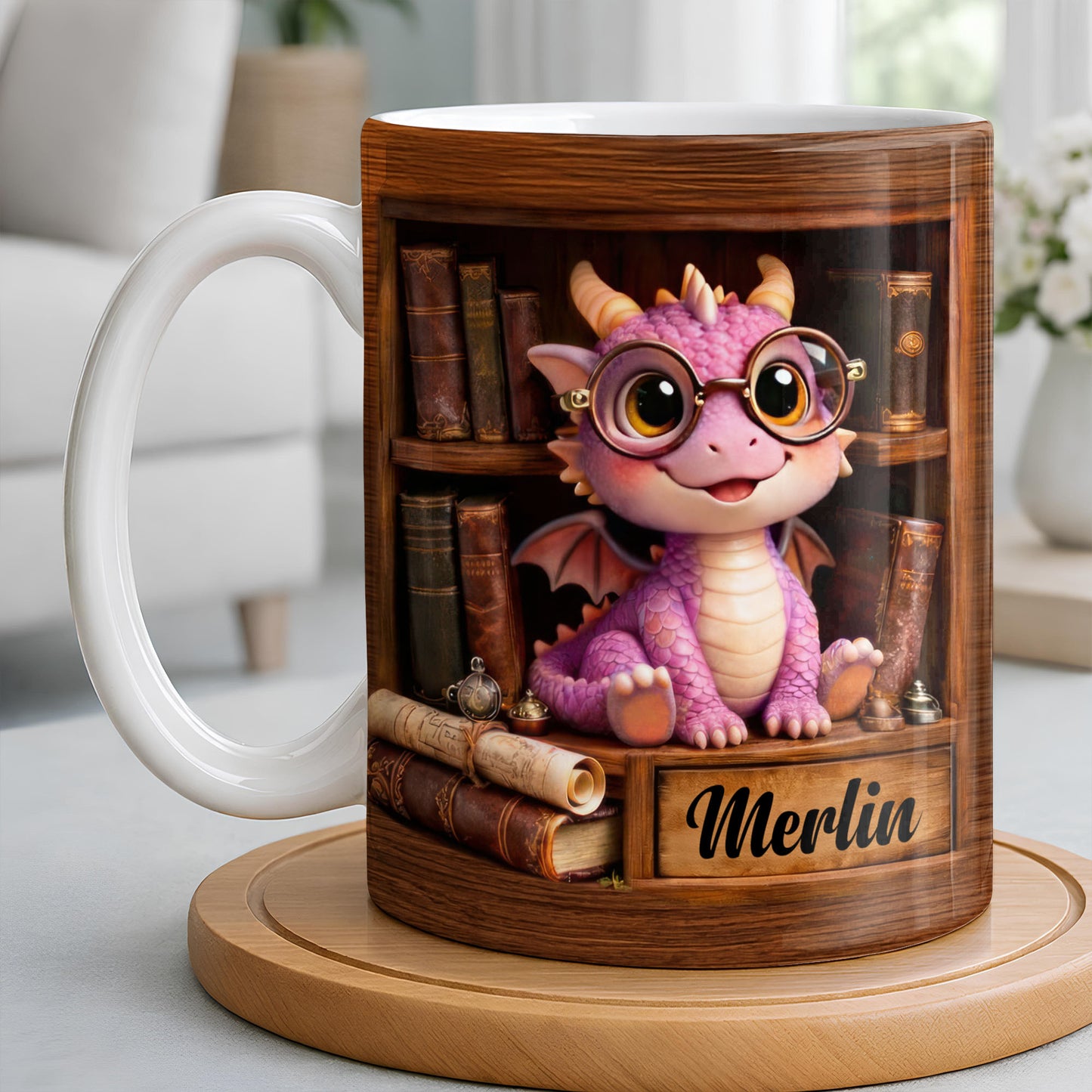 Cute Baby Dragon With Glasses, Books And Scrolls Wooden Bookshelf
