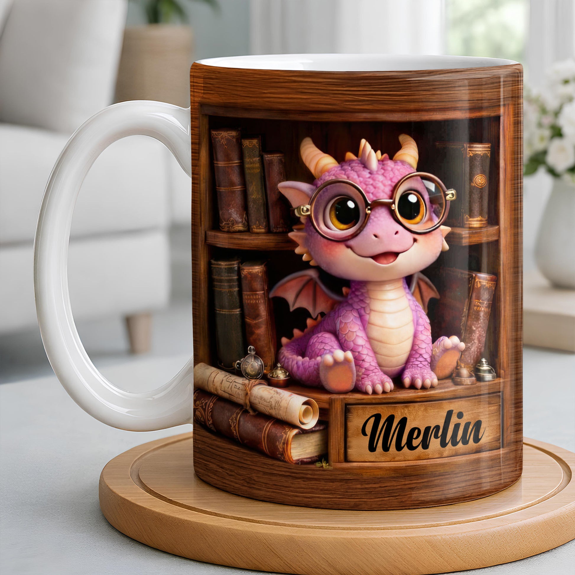 Cute Baby Dragon With Glasses, Books And Scrolls Wooden Bookshelf
