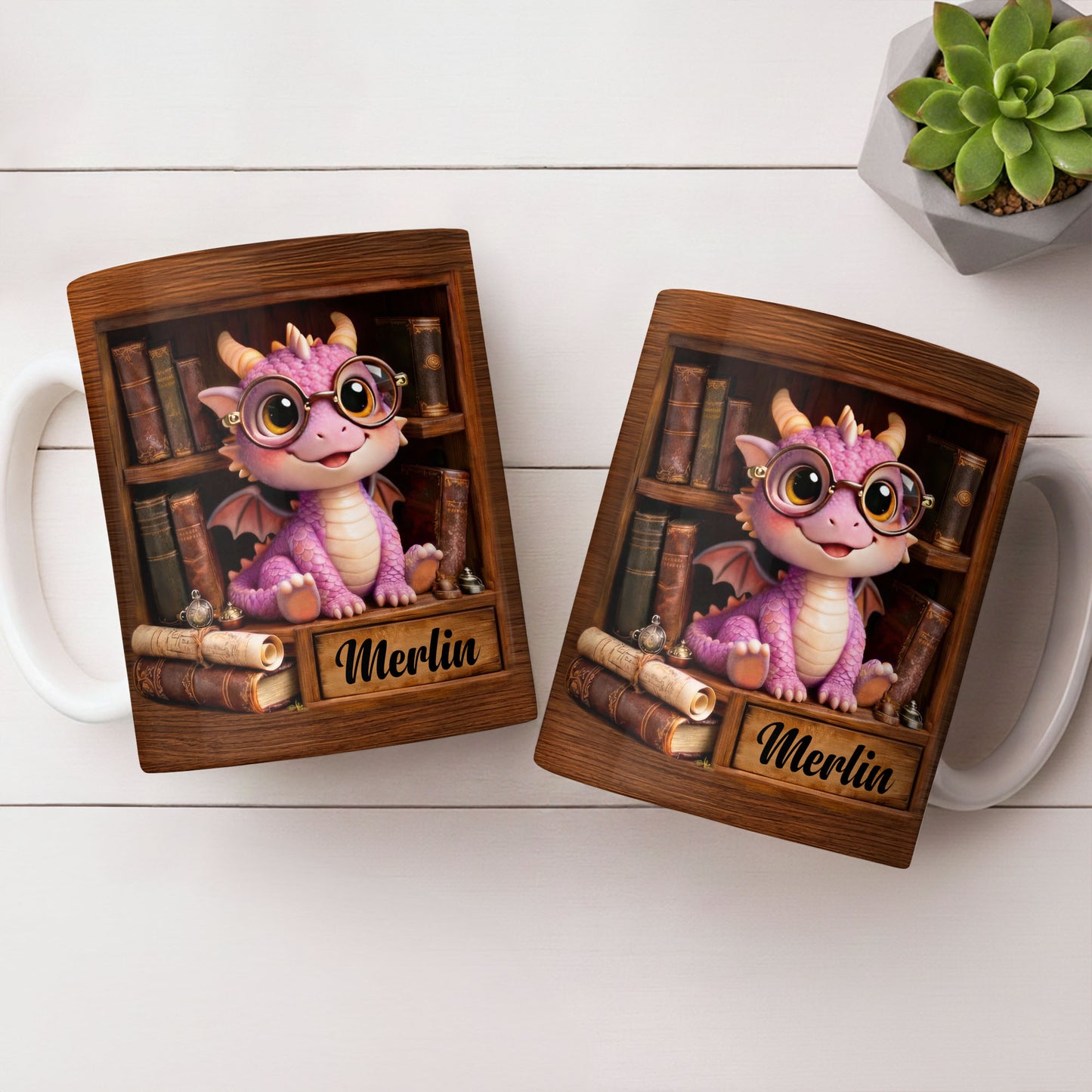 Cute Baby Dragon With Glasses, Books And Scrolls Wooden Bookshelf