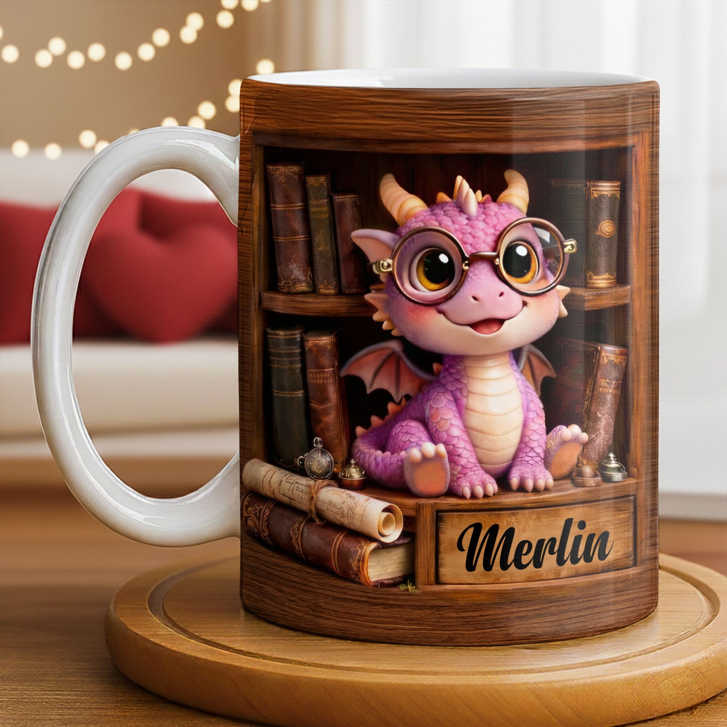 Cute Baby Dragon With Glasses, Books And Scrolls Wooden Bookshelf