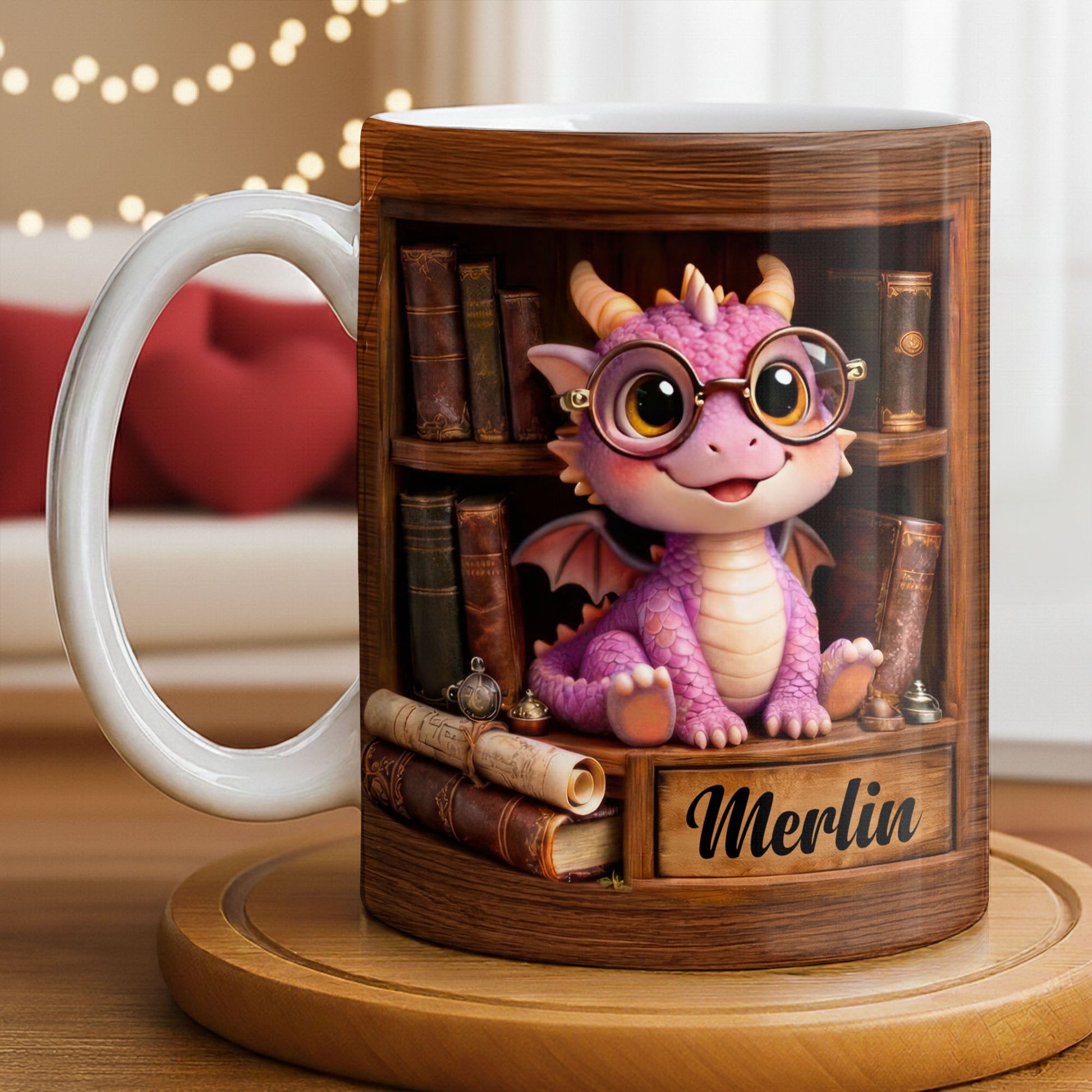 Cute Baby Dragon With Glasses, Books And Scrolls Wooden Bookshelf