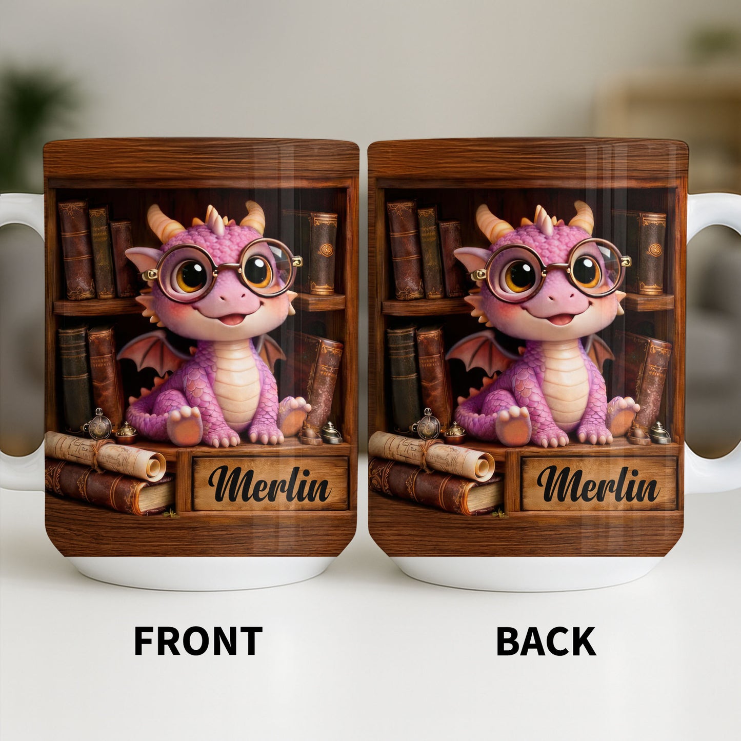 Cute Baby Dragon With Glasses, Books And Scrolls Wooden Bookshelf