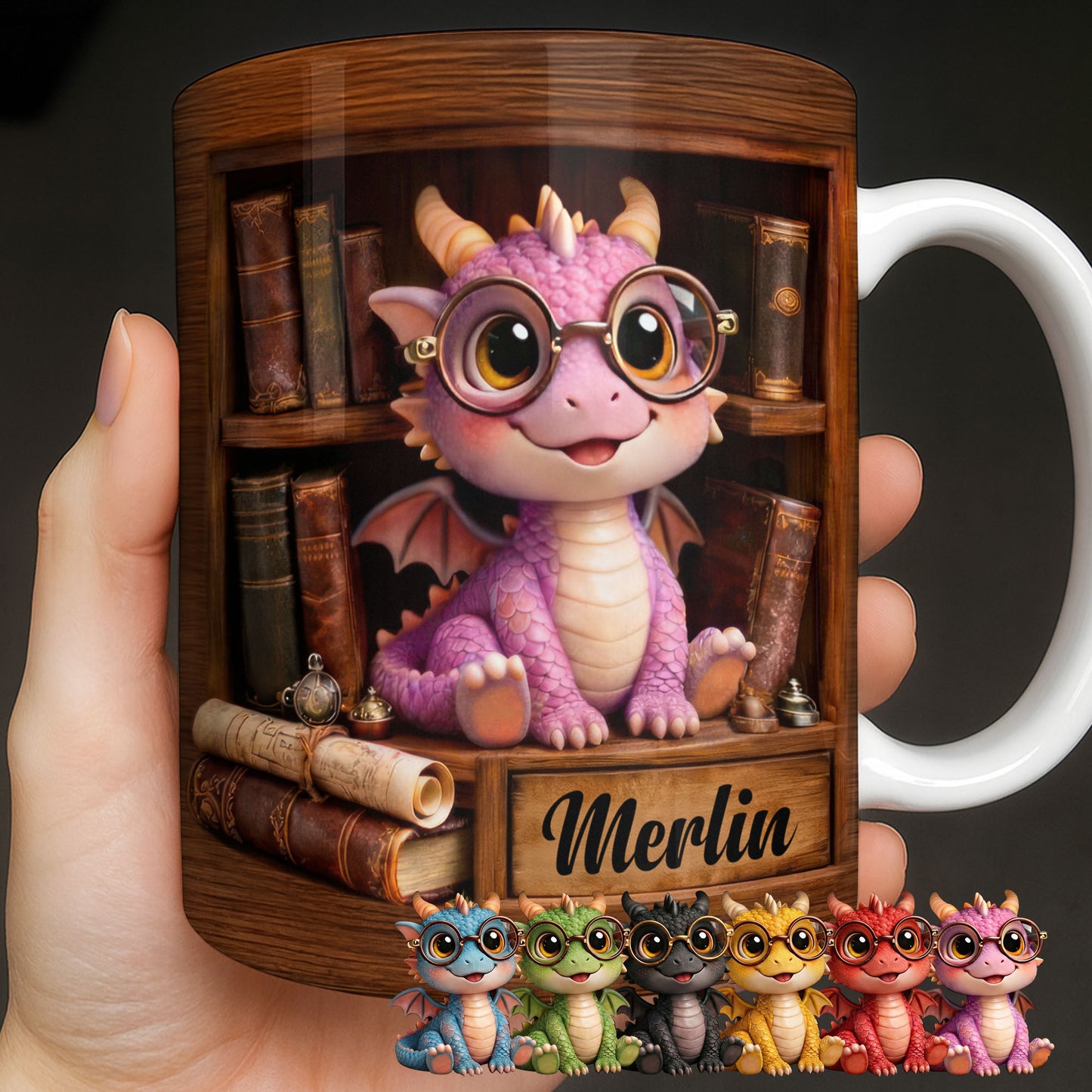 Cute Baby Dragon With Glasses, Books And Scrolls Wooden Bookshelf