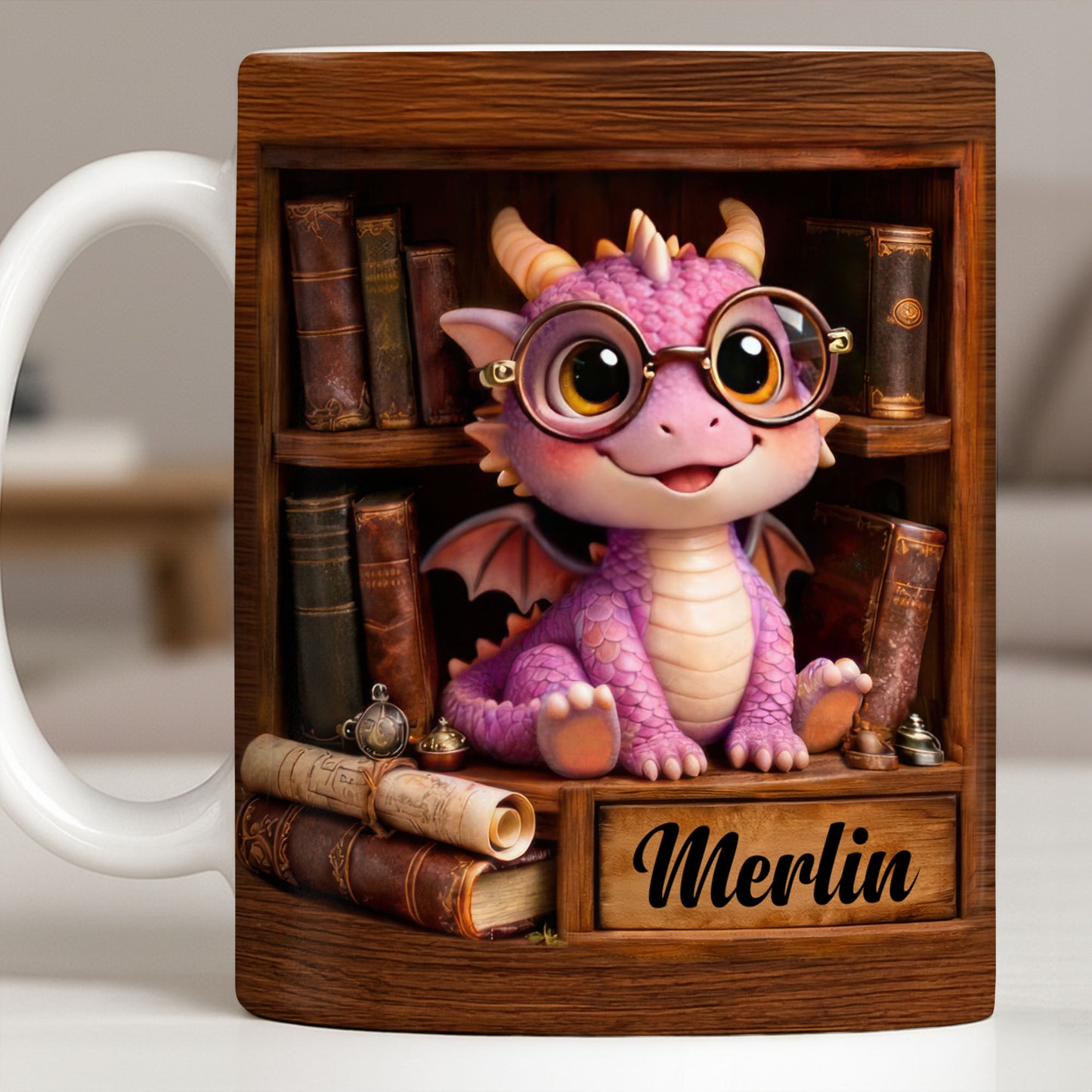 Cute Baby Dragon With Glasses, Books And Scrolls Wooden Bookshelf