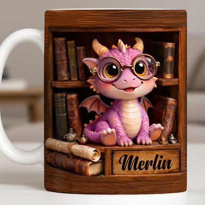 Cute Baby Dragon With Glasses, Books And Scrolls Wooden Bookshelf