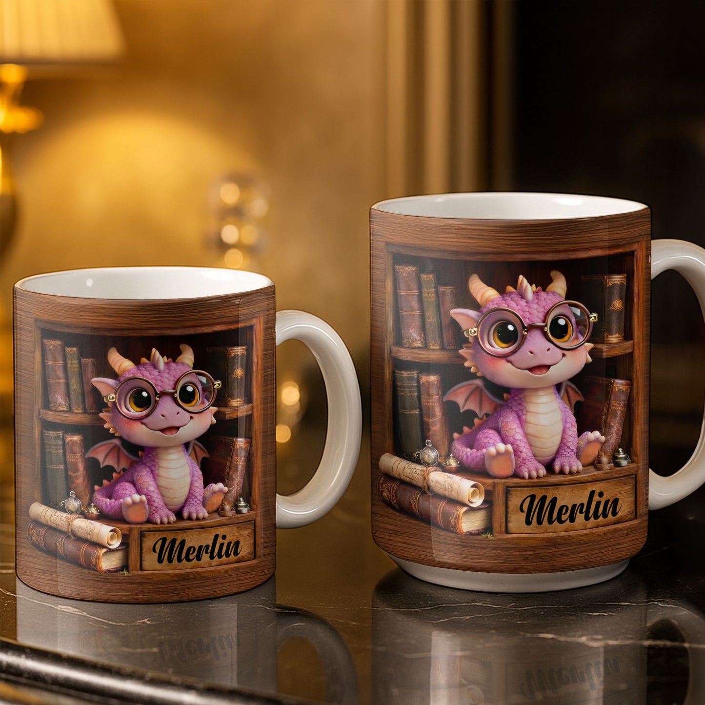 Cute Baby Dragon With Glasses, Books And Scrolls Wooden Bookshelf