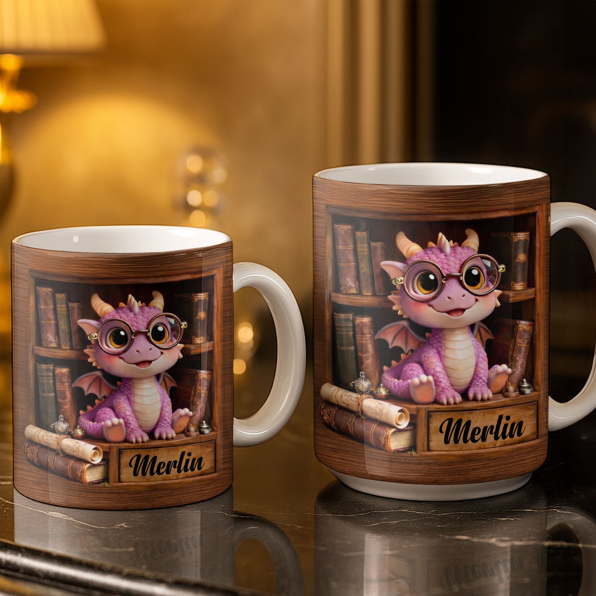 Cute Baby Dragon With Glasses, Books And Scrolls Wooden Bookshelf