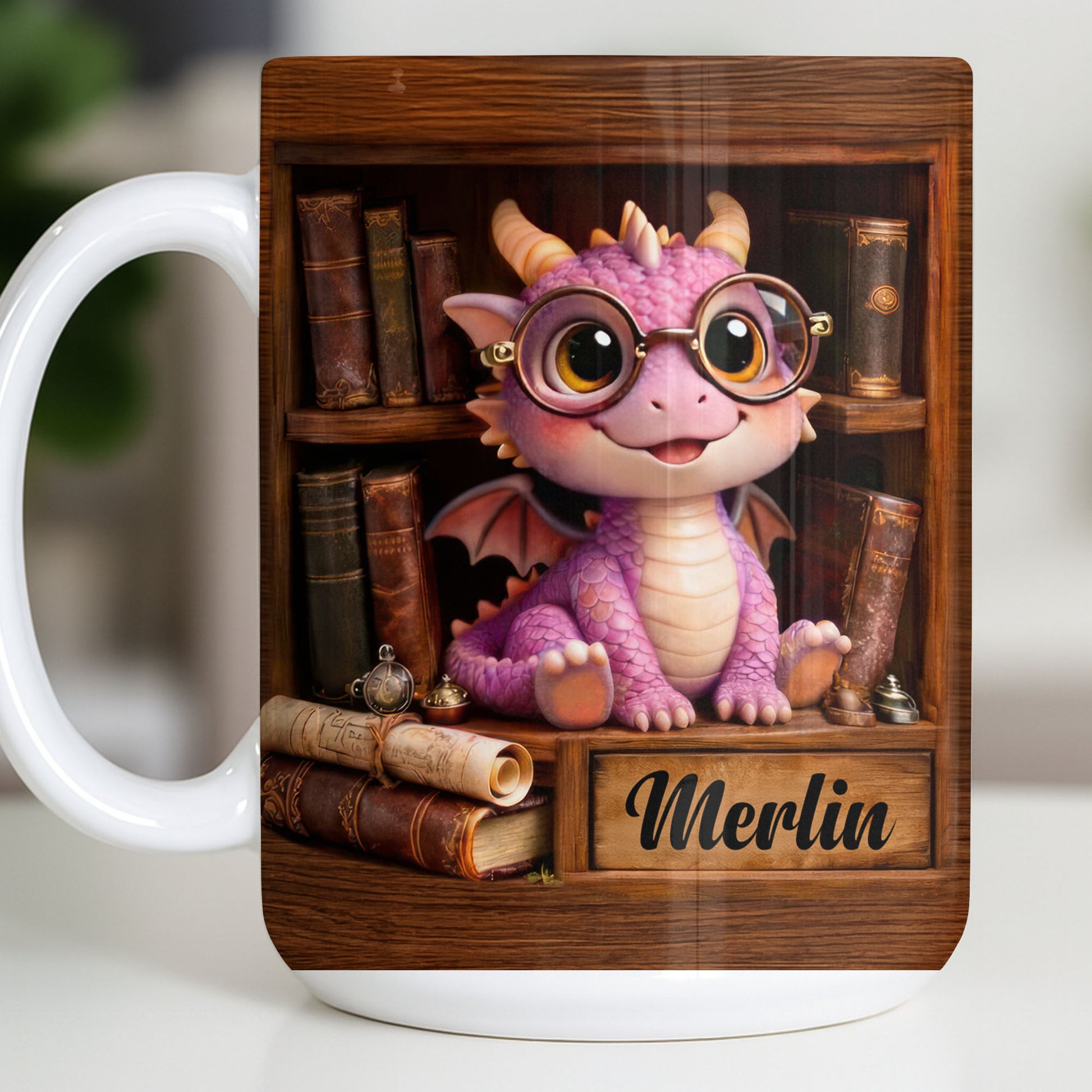 Cute Baby Dragon With Glasses, Books And Scrolls Wooden Bookshelf