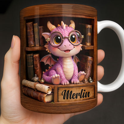 Cute Baby Dragon With Glasses, Books And Scrolls Wooden Bookshelf