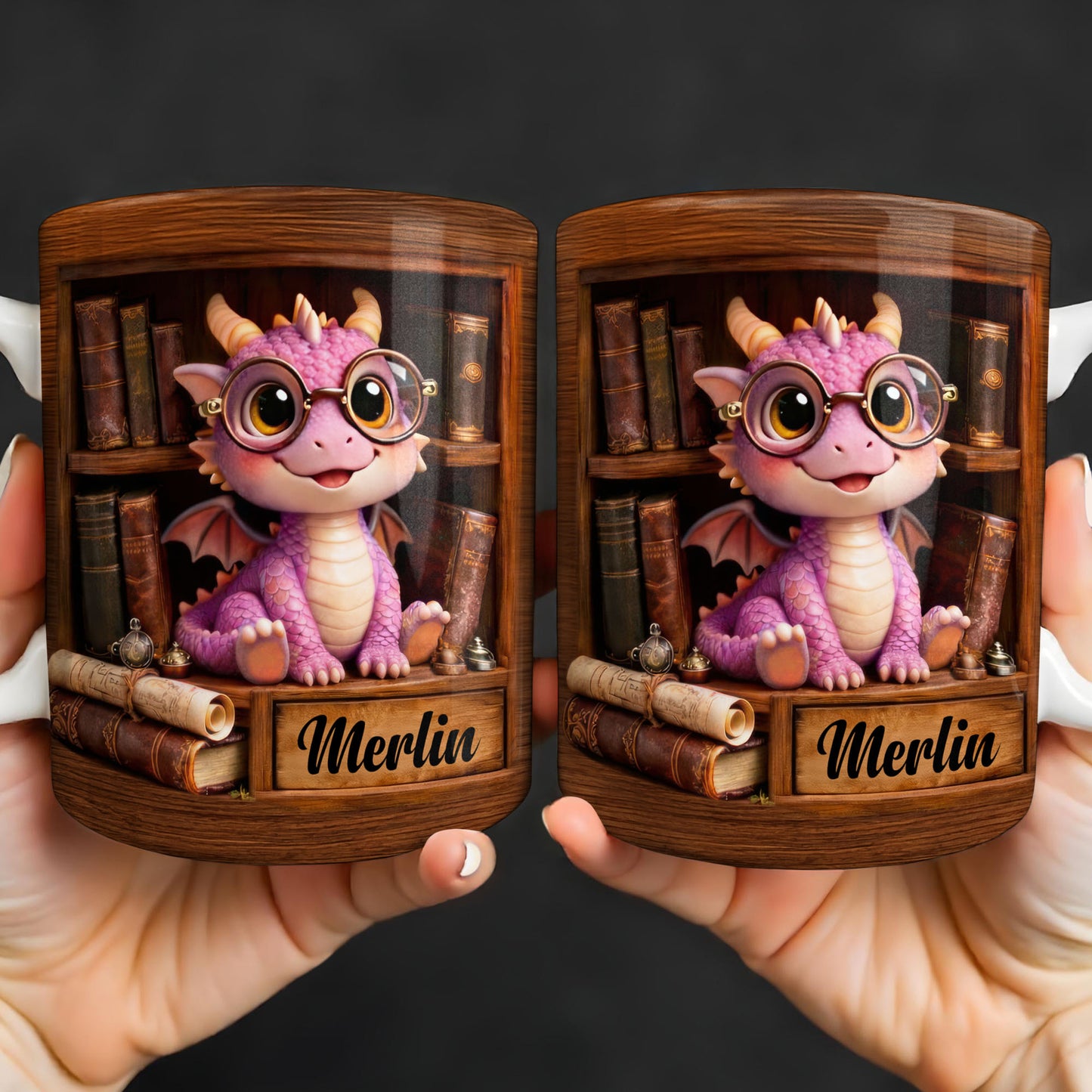 Cute Baby Dragon With Glasses, Books And Scrolls Wooden Bookshelf