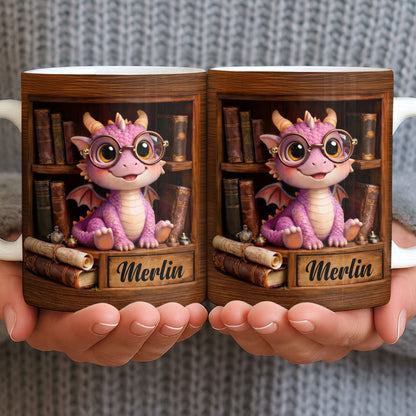 Cute Baby Dragon With Glasses, Books And Scrolls Wooden Bookshelf
