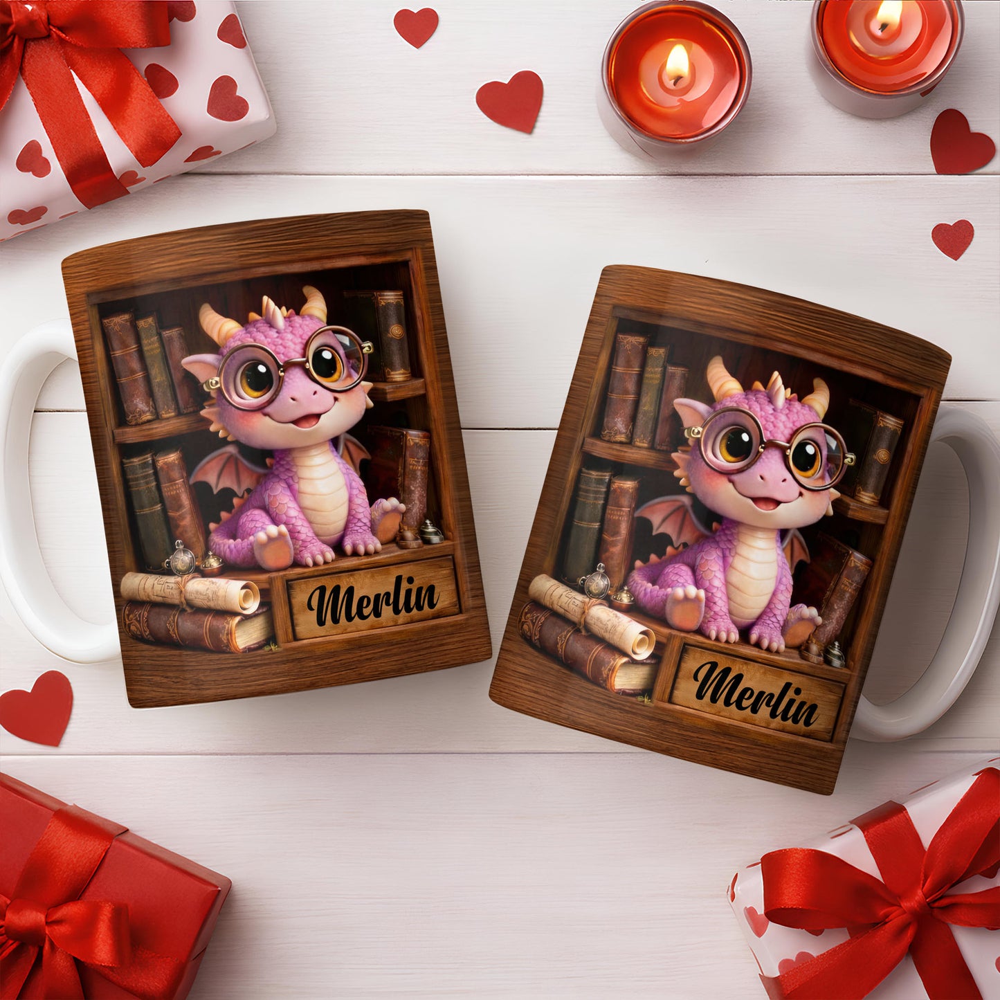 Cute Baby Dragon With Glasses, Books And Scrolls Wooden Bookshelf