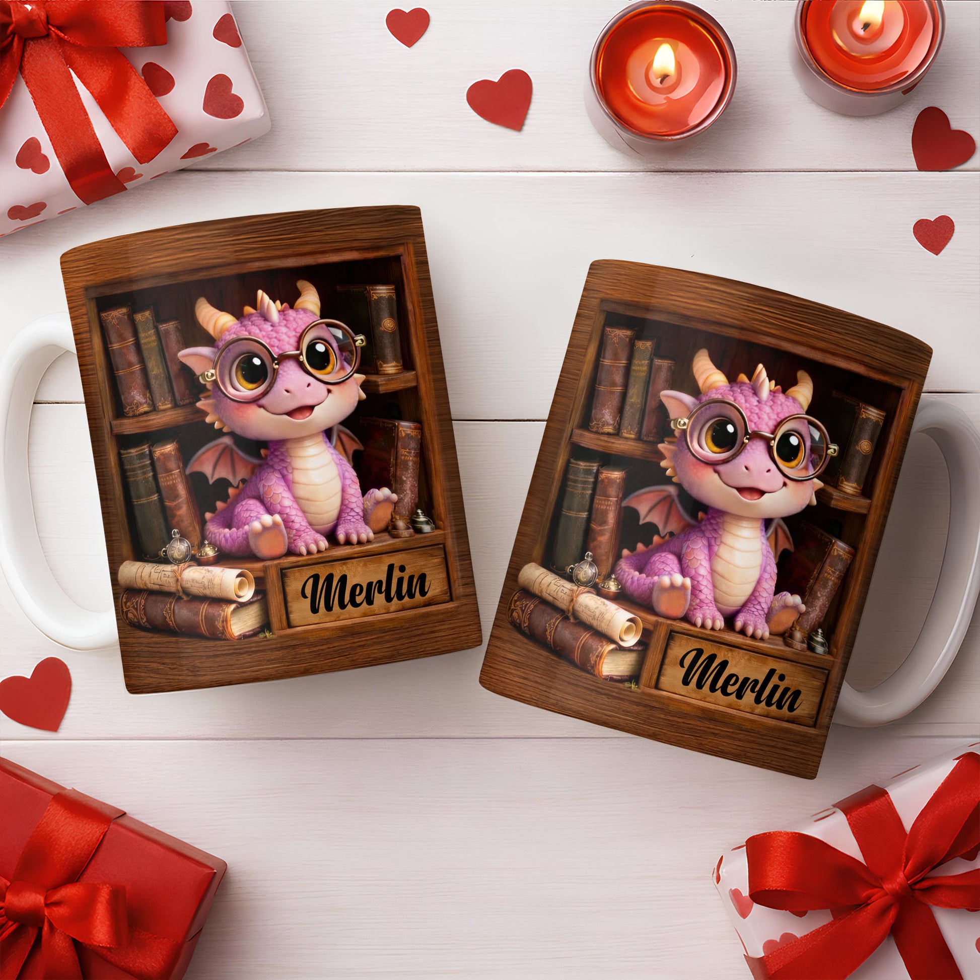 Cute Baby Dragon With Glasses, Books And Scrolls Wooden Bookshelf