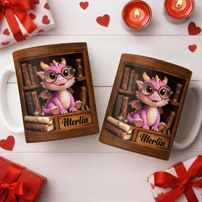 Cute Baby Dragon With Glasses, Books And Scrolls Wooden Bookshelf