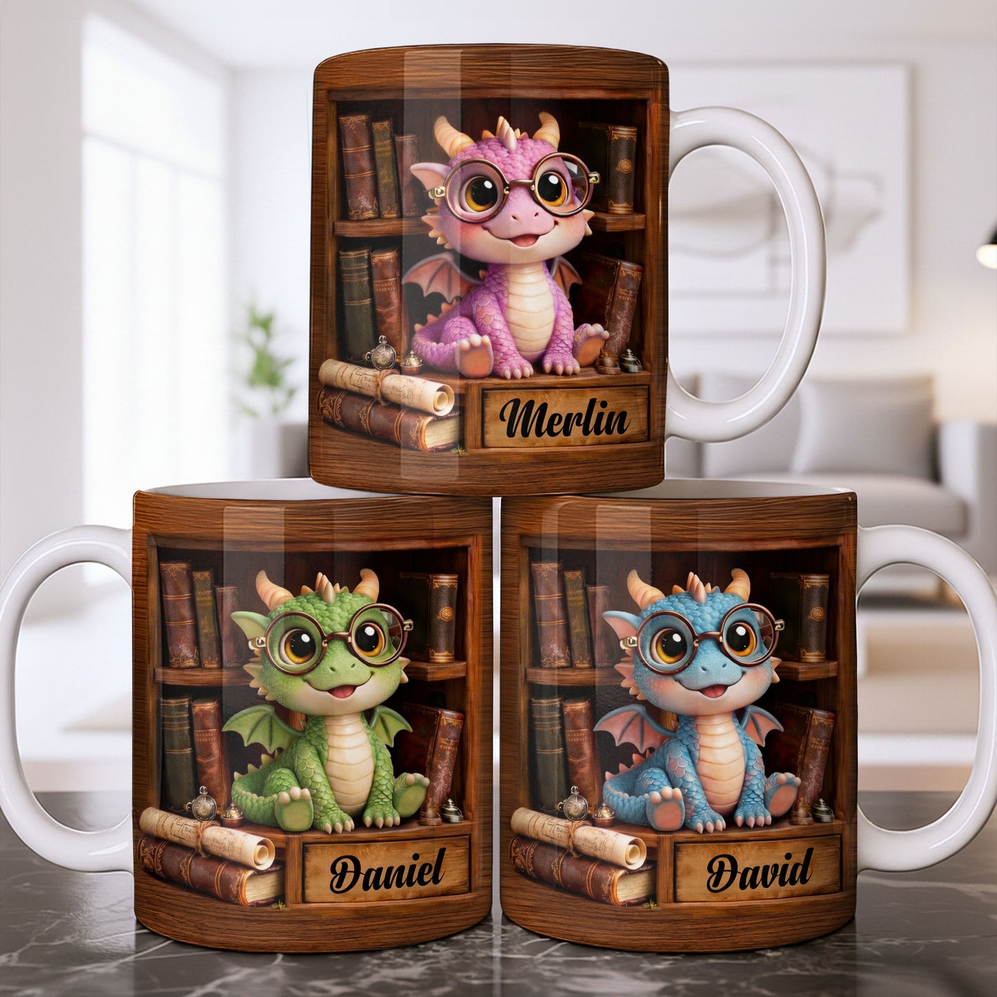 Cute Baby Dragon With Glasses, Books And Scrolls Wooden Bookshelf
