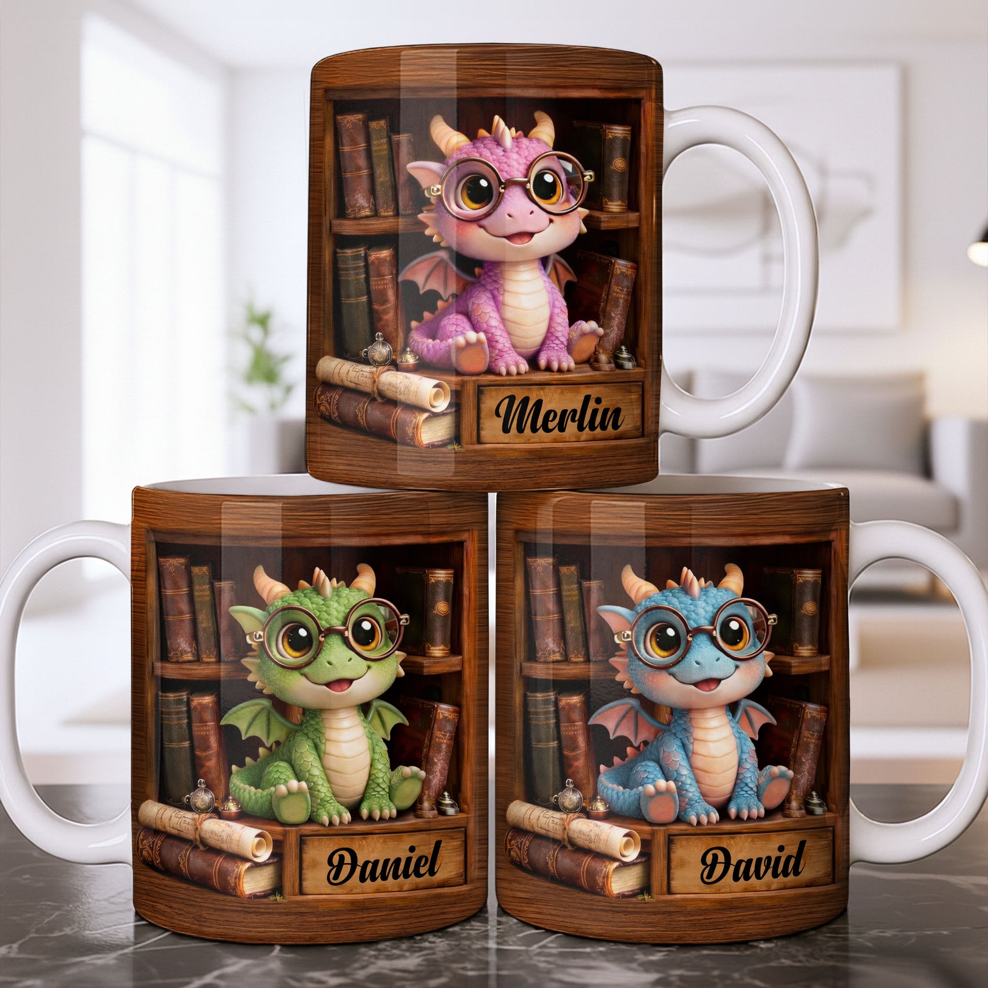 Cute Baby Dragon With Glasses, Books And Scrolls Wooden Bookshelf
