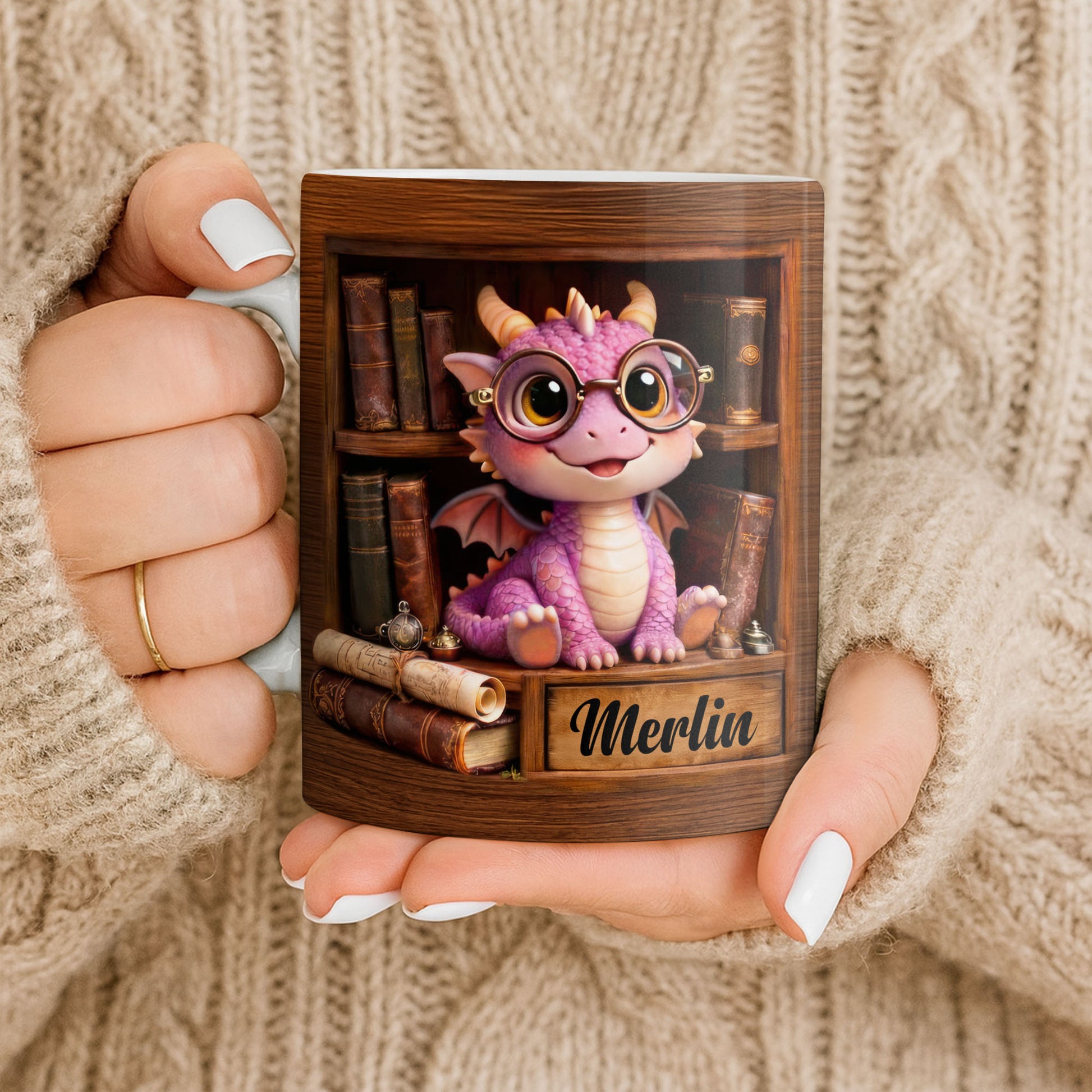 Cute Baby Dragon With Glasses, Books And Scrolls Wooden Bookshelf