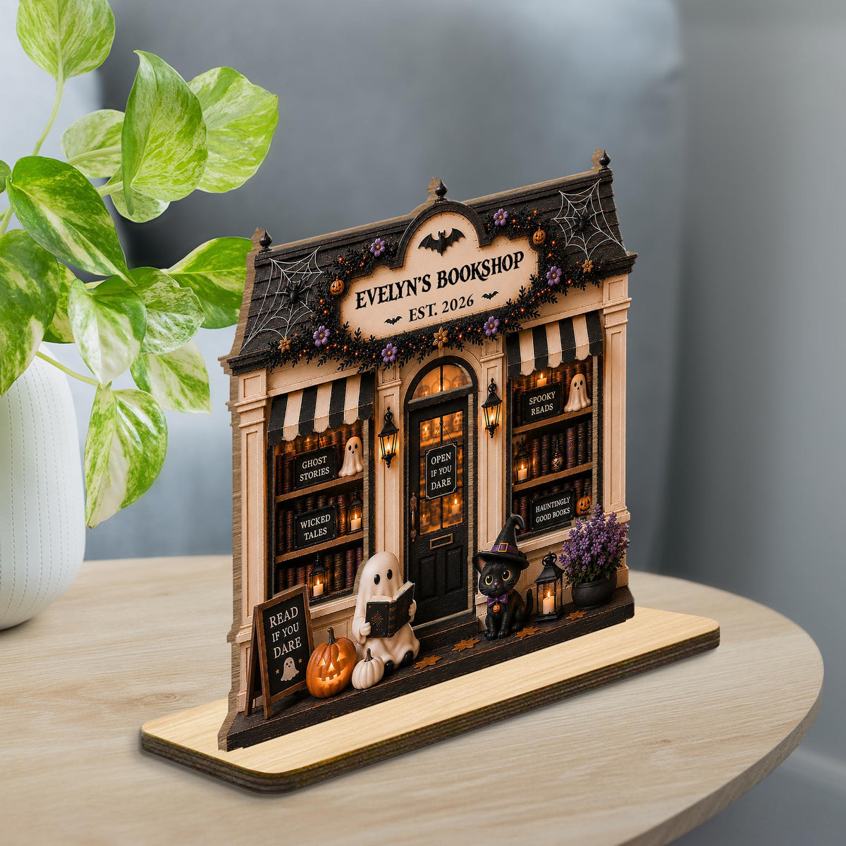 My Bookshop Open If You Dare Ghost And Black Cat - Personalized Custom 2-Layer Wood Plaque With Flat Base - BLV128_WPLA