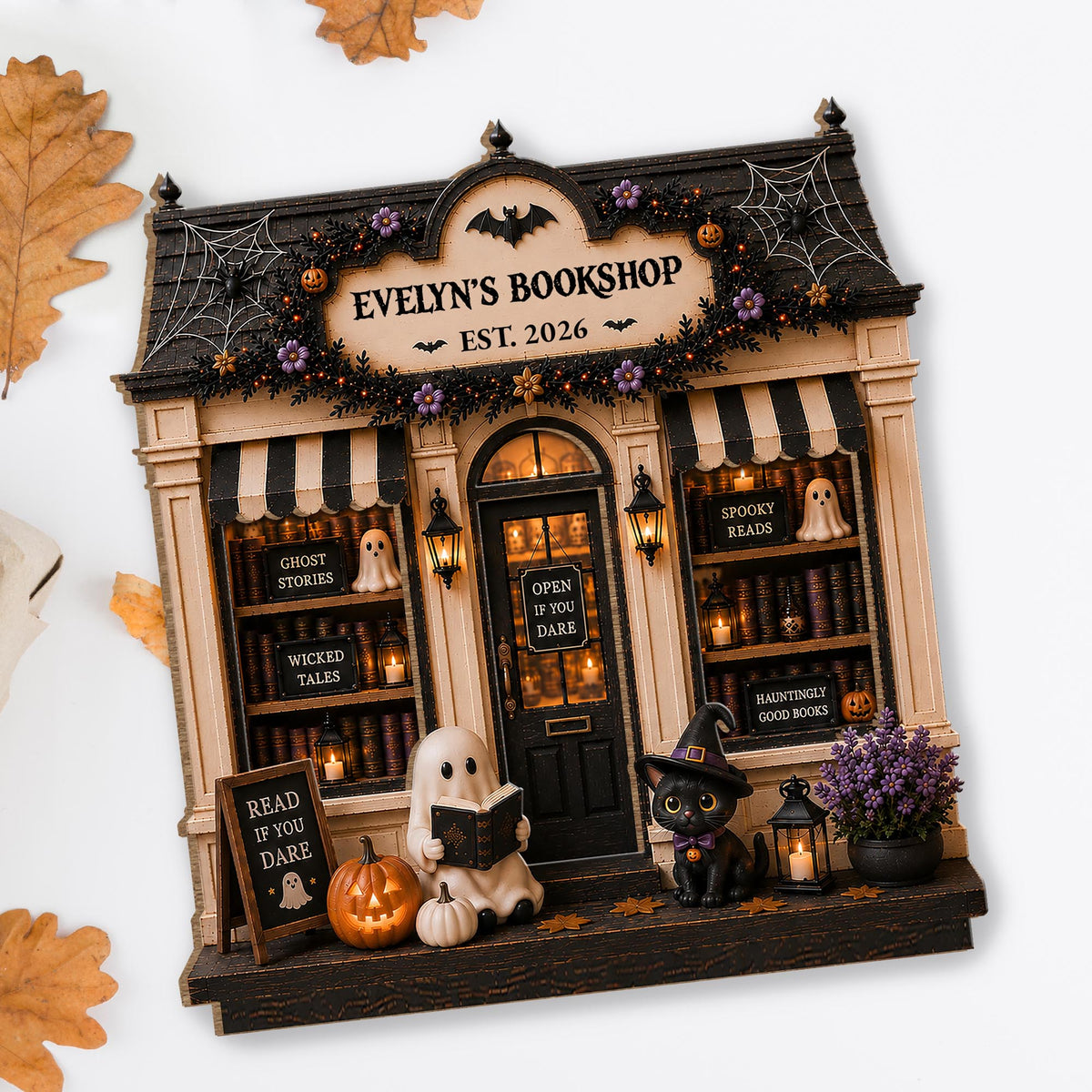 My Bookshop Open If You Dare Ghost And Black Cat - Personalized Custom 2-Layer Wood Plaque With Flat Base - BLV128_WPLA