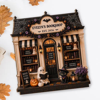 My Bookshop Open If You Dare Ghost And Black Cat - Personalized Custom 2-Layer Wood Plaque With Flat Base - BLV128_WPLA