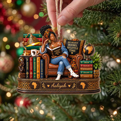 So Many Books So Little Time African American Woman Reading On Chair - Personalized Custom Wood Ornament, Custom Shaped - BLV148_WDO