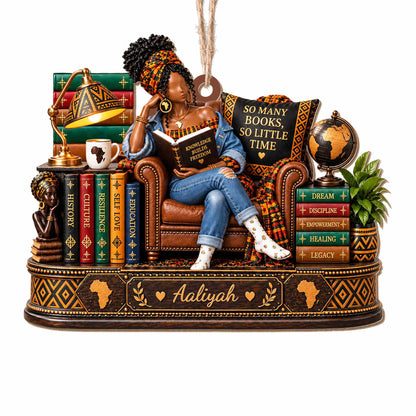 So Many Books So Little Time African American Woman Reading On Chair - Personalized Custom Wood Ornament, Custom Shaped - BLV148_WDO