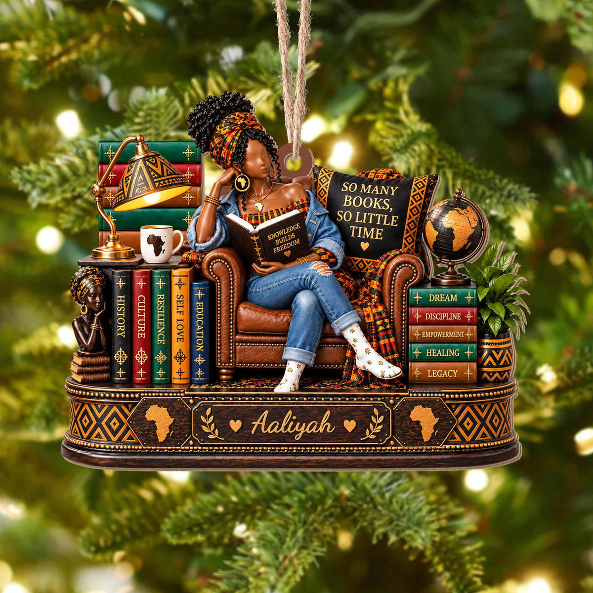 So Many Books So Little Time African American Woman Reading On Chair - Personalized Custom Wood Ornament, Custom Shaped - BLV148_WDO