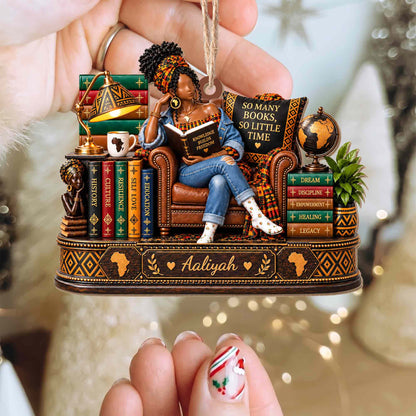 So Many Books So Little Time African American Woman Reading On Chair - Personalized Custom Wood Ornament, Custom Shaped - BLV148_WDO