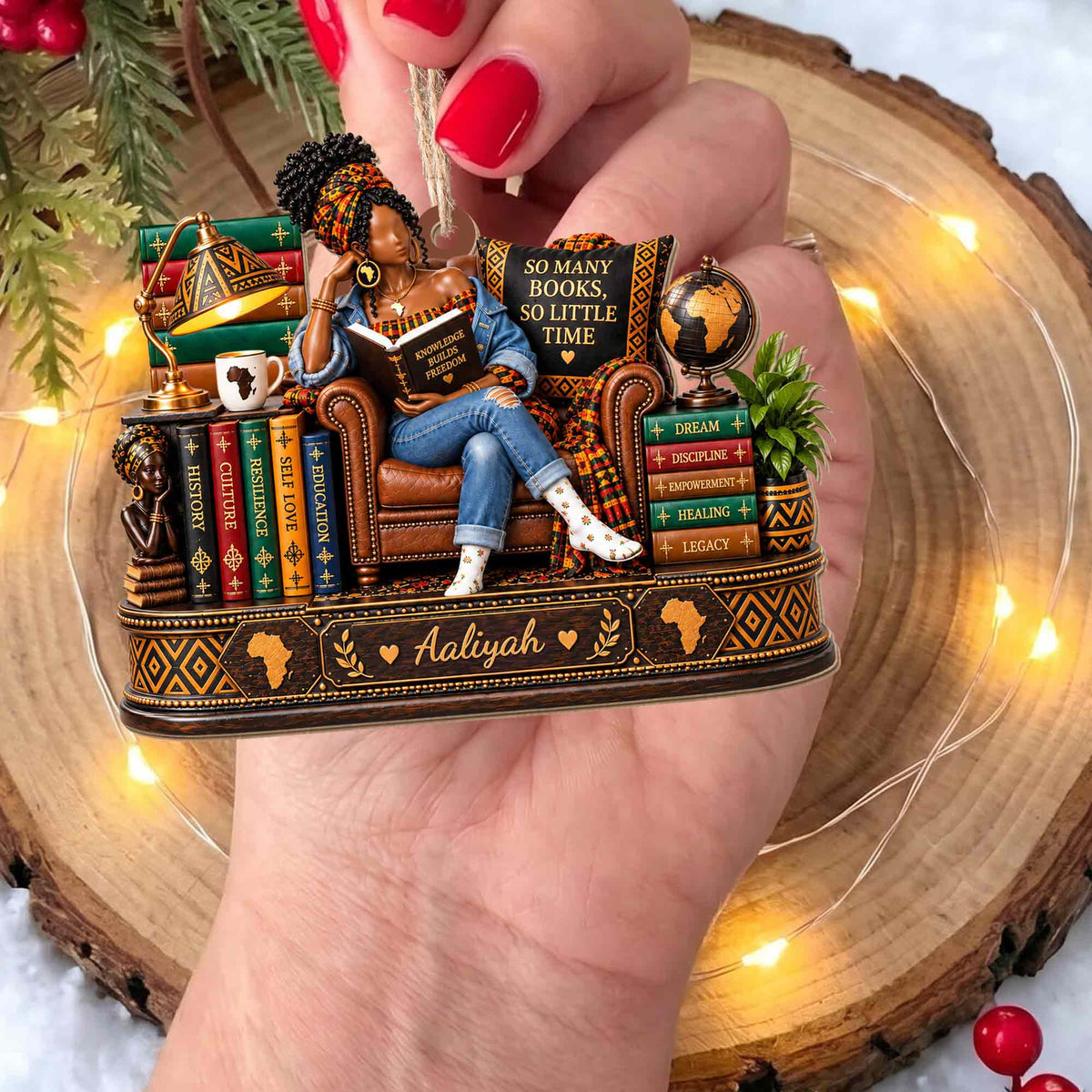 So Many Books So Little Time African American Woman Reading On Chair - Personalized Custom Wood Ornament, Custom Shaped - BLV148_WDO