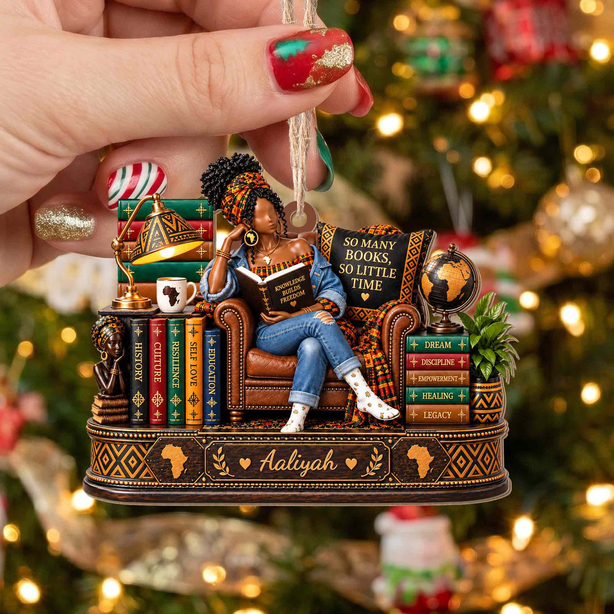 So Many Books So Little Time African American Woman Reading On Chair - Personalized Custom Wood Ornament, Custom Shaped - BLV148_WDO