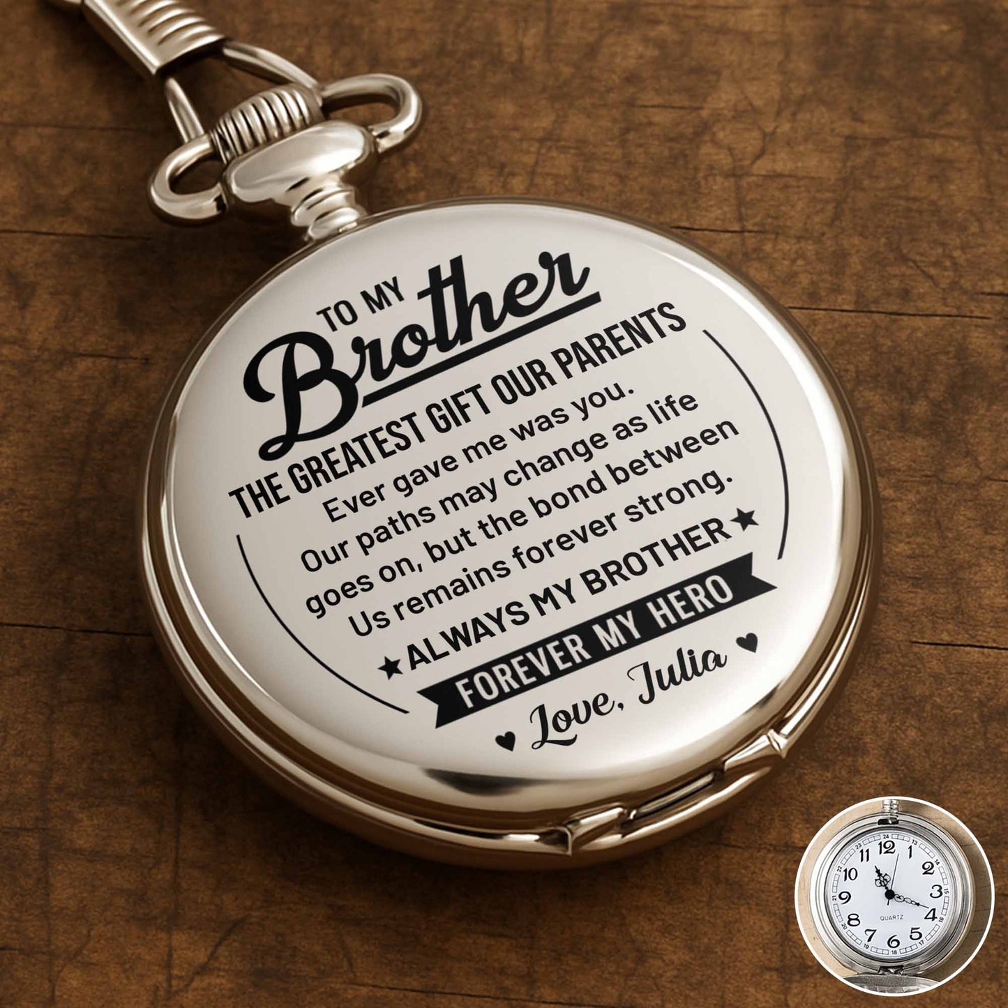 To My Brother The Greatest Gift Star And Banner Design - Personalized Silver Plated Pocket Watch - BRT040_SWATCH