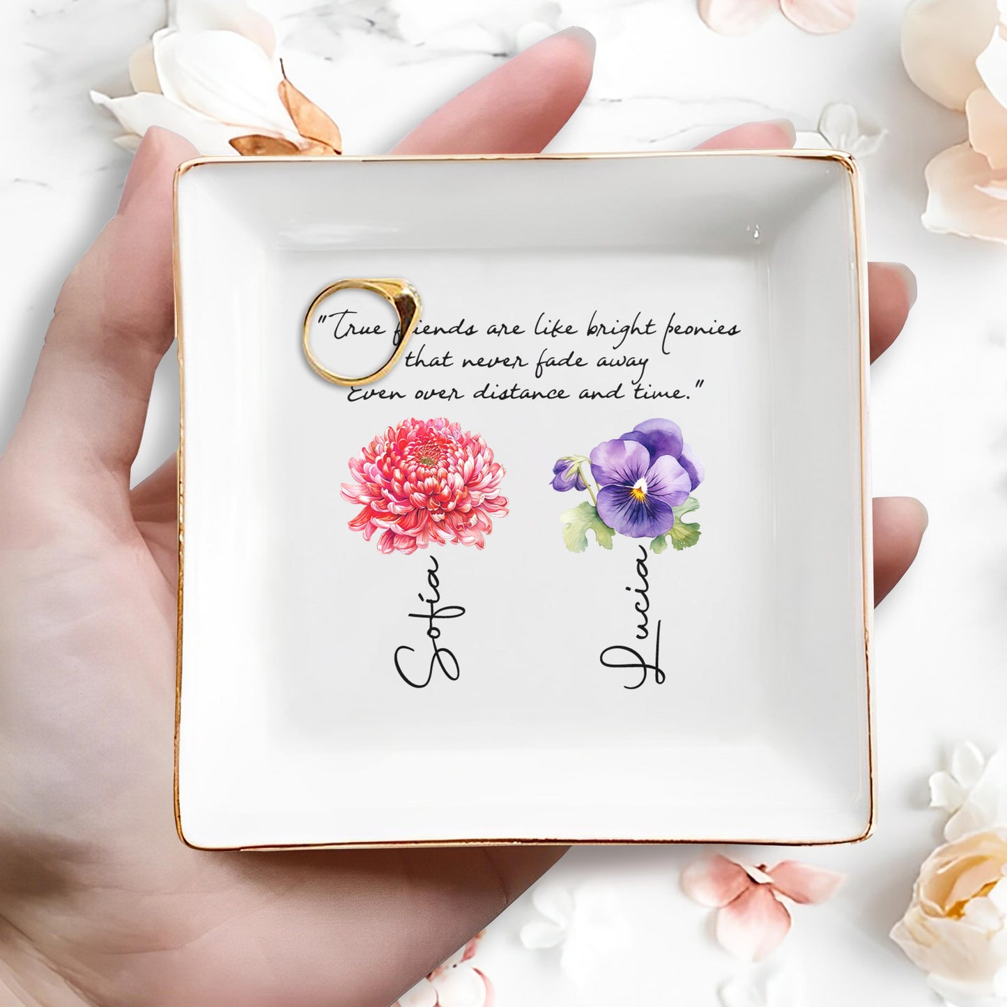 True Friends Like Bright Peonies Quote Dish