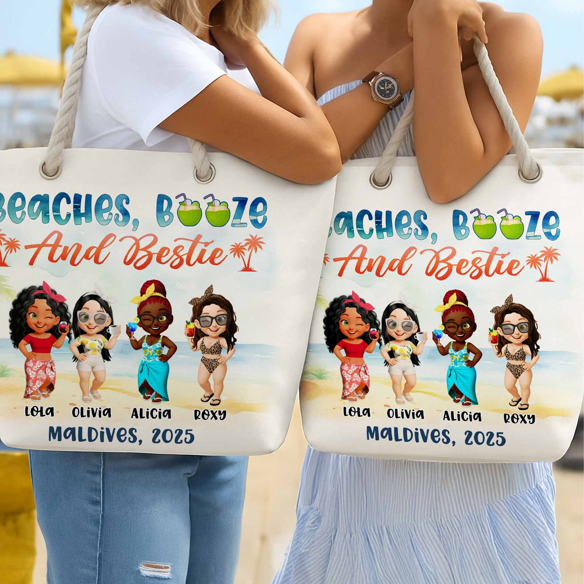 Beaches, Booze And Bestie With Cartoon Figures