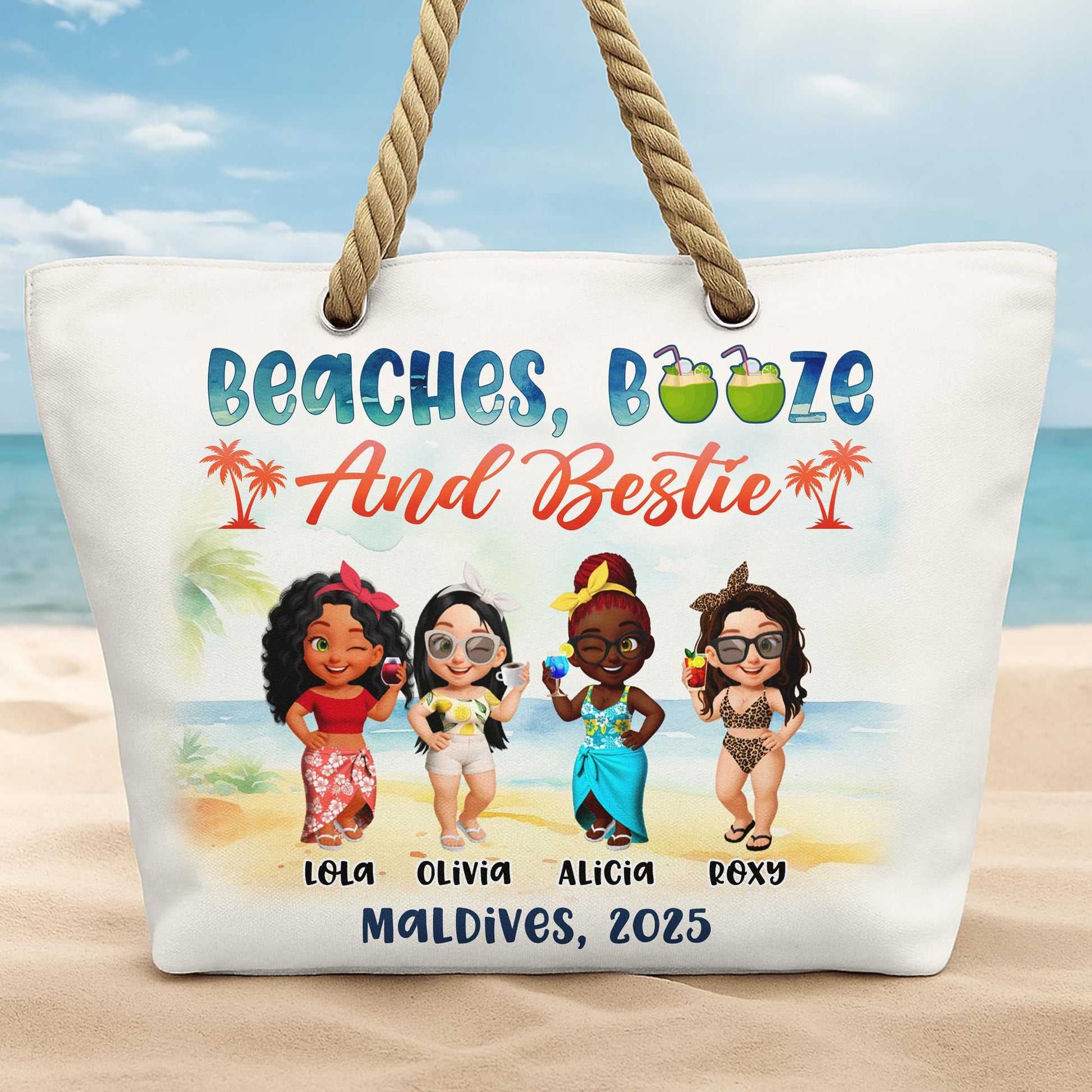 Beaches, Booze And Bestie With Cartoon Figures