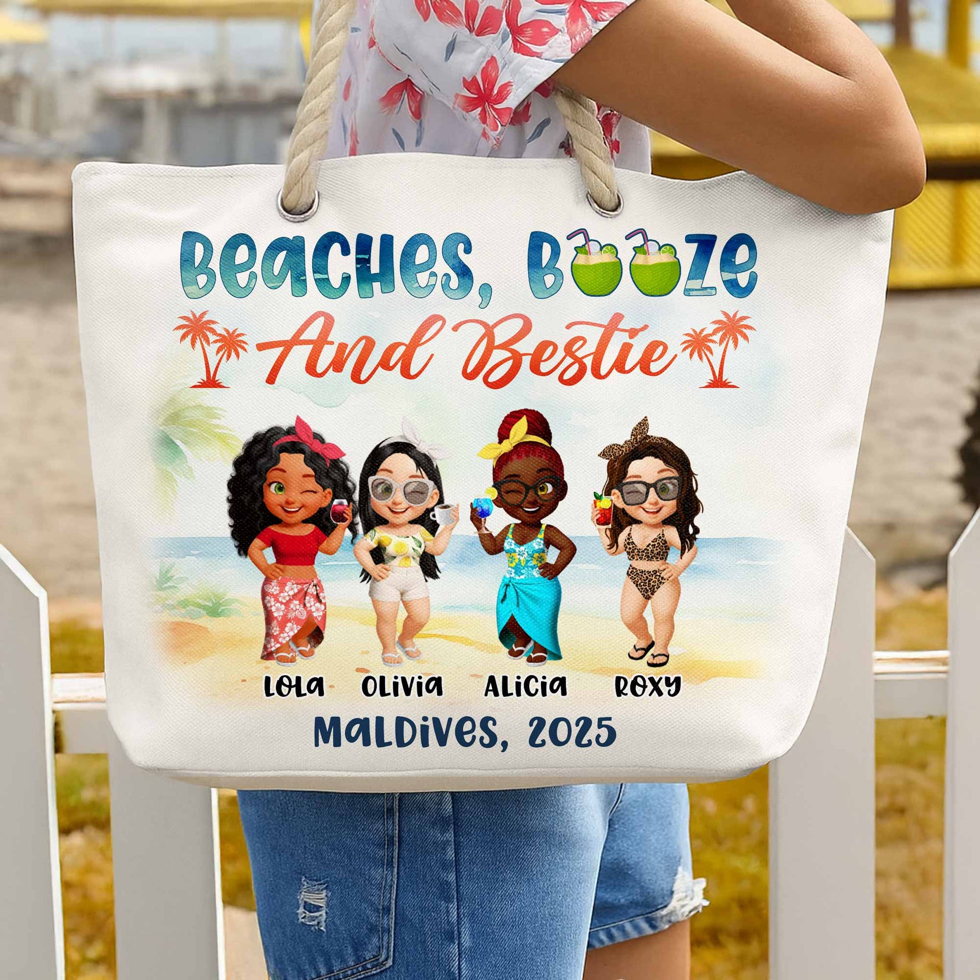 Beaches, Booze And Bestie With Cartoon Figures