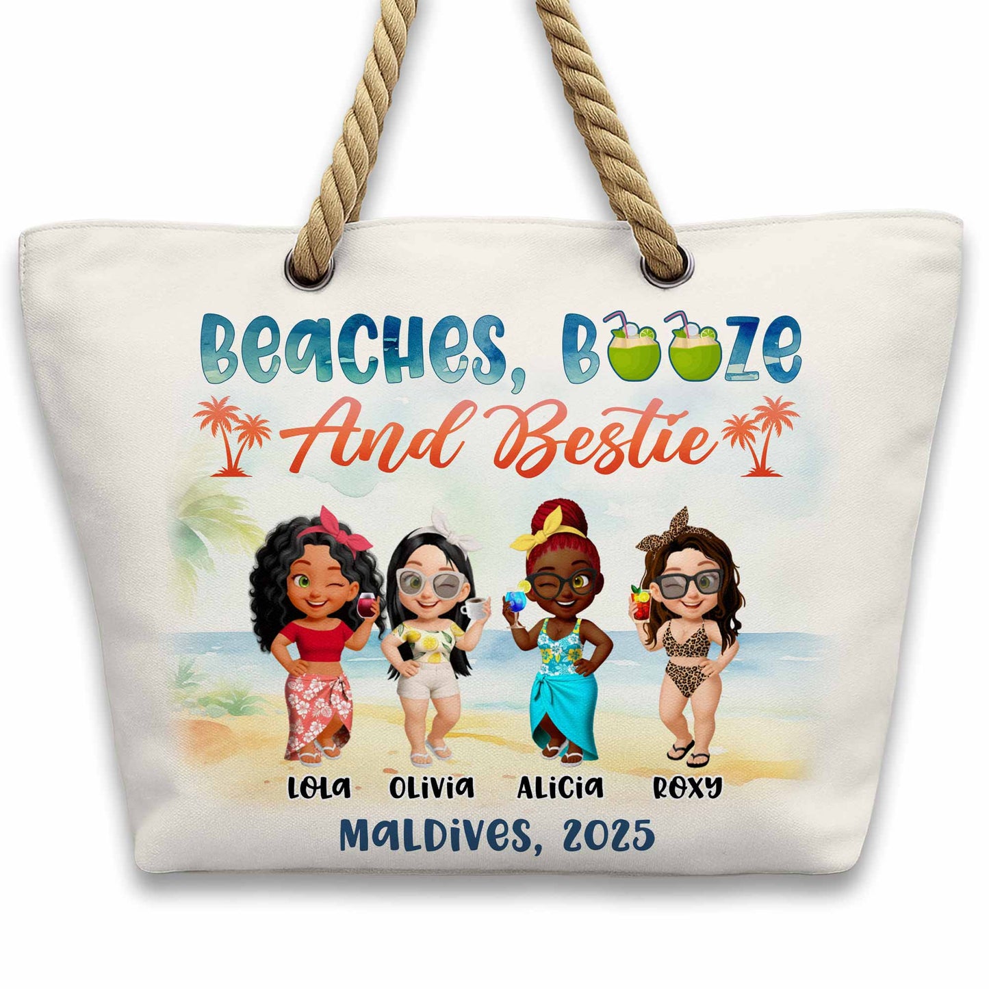 Beaches, Booze And Bestie With Cartoon Figures