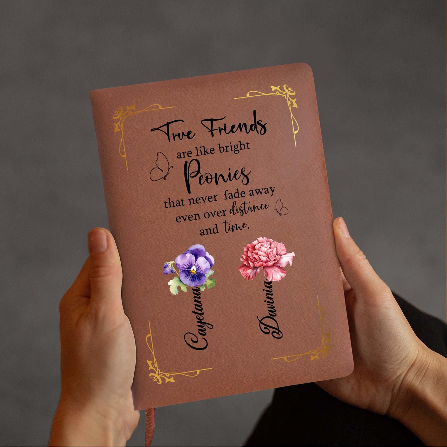 True Friends Bright Peonies Quote Leather Journal - Personalized Custom Leather Journal - BST030_JRNL