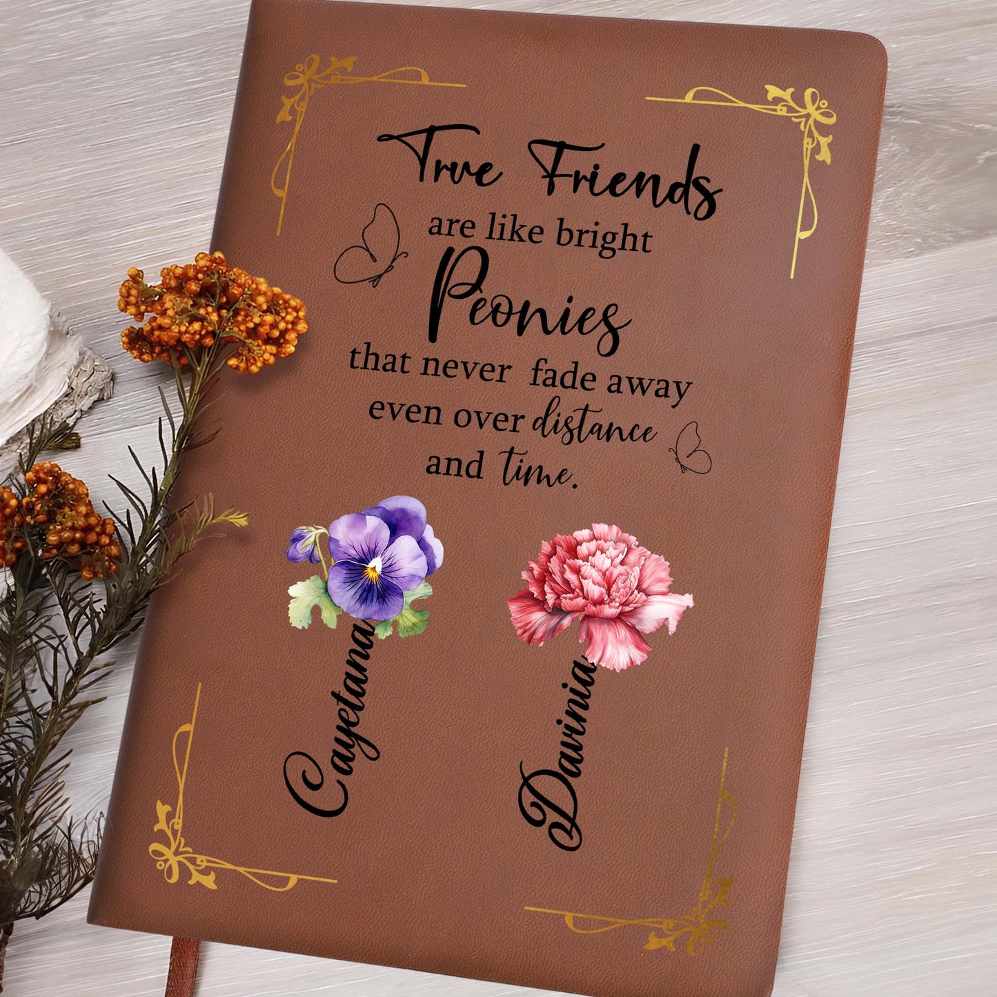 True Friends Bright Peonies Quote Leather Journal - Personalized Custom Leather Journal - BST030_JRNL